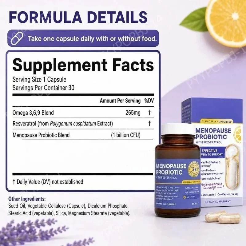Menopause Probiotics for Women Hormonal Balance Hot Flashes Night Sweats Gut Health Resveratrol & Omega 30 Capsules — image 2