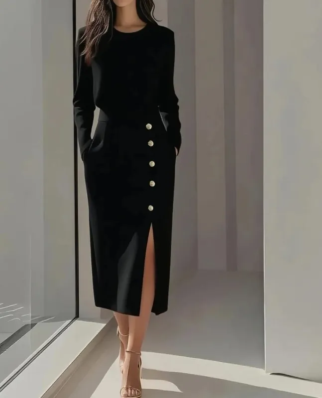 Women Long Sleeve Round Neck Button Front High Slit Midi Dress Elegant Office Lady Bodycon Sheath Pencil Skirt Set