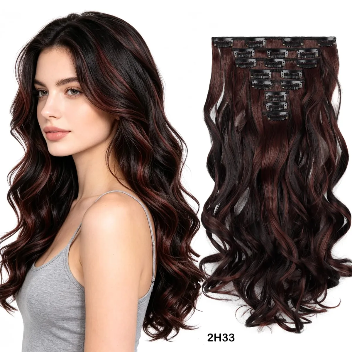 Clip in Hair Extensions Set Full Head 8Pieces With 17clips Synthetic Wavy Hair 20 Inch Matte Heat Resistant Multi Colors