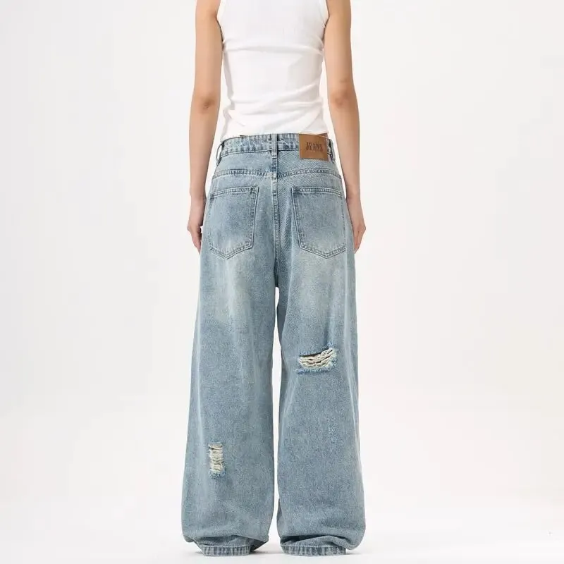2025 New American style patchwork structure denim pants with holes men's and women's loose wide leg unisex straight leg jeans
