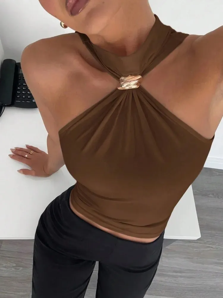 Metal Ring Decor Twist Knot Sleeveless Tank Top for Women Summer Casual Elegant Office Style Halter Neck Slim Fit Crop Top — image 13