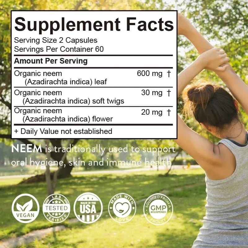 Biologisch neemsupplement - Kruidenacnesupplementen die een heldere huid ondersteunen en detox ondersteunen de gezondheid van het immuunsysteem
