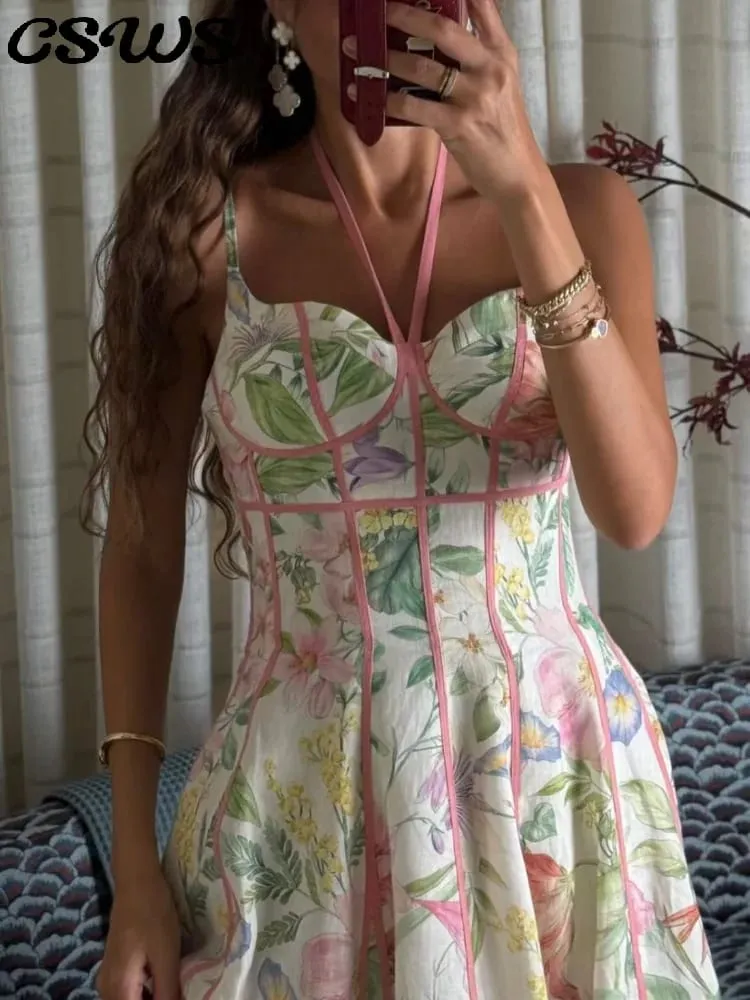 Elegant Printed Flower Women's Dress Contrast Sleeveless Halter Waist-Closed A-Line Lady Dresses Summer Fashion Vacation Robe — image 2