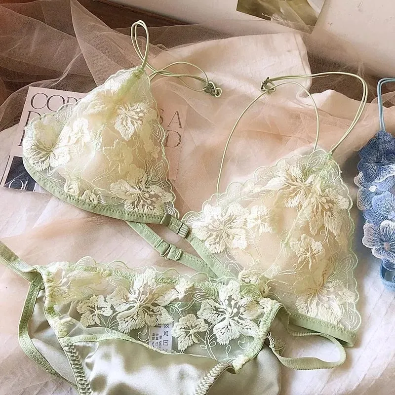 Ensemble de lingerie de niche française en maille brodée coupe triangle sans fil bralette rétro dentelle fine sexy soutien-gorge confortable USA Tushy MOYISU — image 10