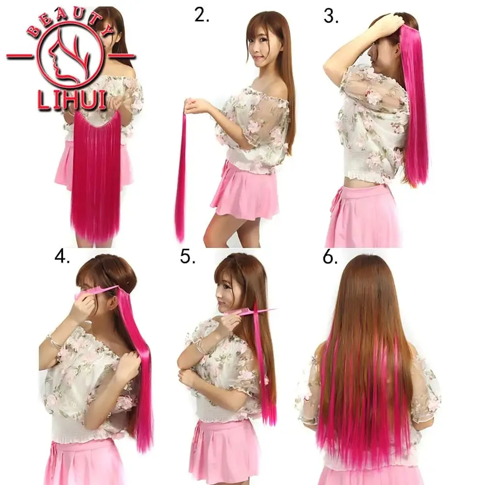 Synthetische natürliche synthetische Haarverlängerungen, 5 Clip-in-künstliche gefälschte Ombre-Blond-Braun-Schwarz-Rosa-gerade falsche Haarteile — image 7