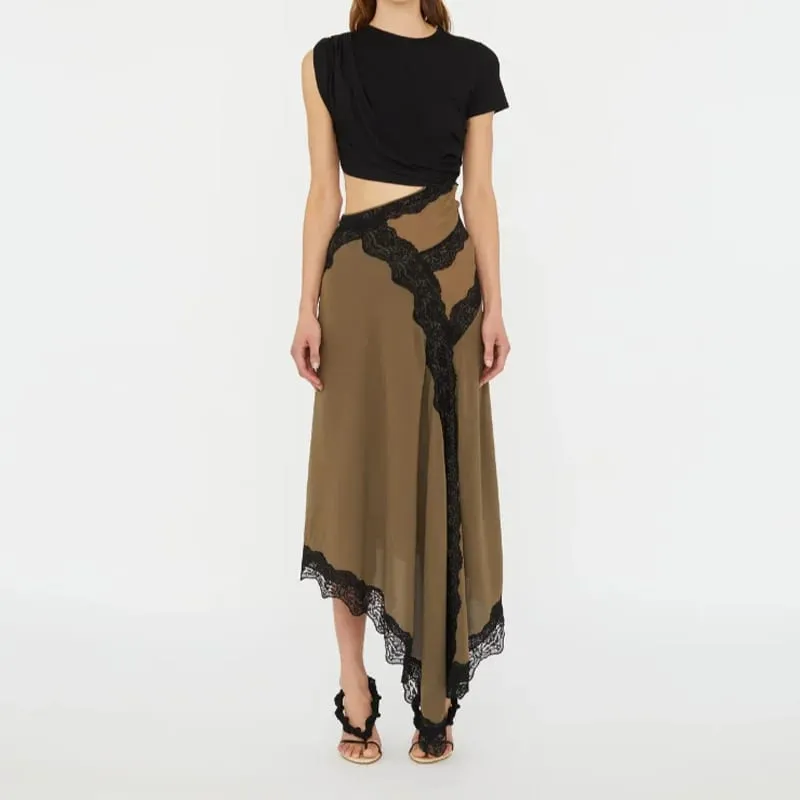 Womens Dresses 2025 Spring Summer New Solid Color Hollow Waist Irregular Lace Splicing Round Neck Short Sleeve Casual Dress