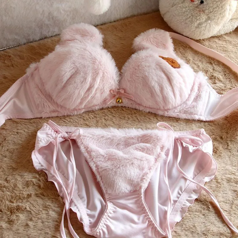 Winter Cute Cartoon Bear Embroidery Sweet Lingerie Bras Underpants Underwear Two Piece Sets Sweet Plush Set Sexy Girlfriend Gift — image 8