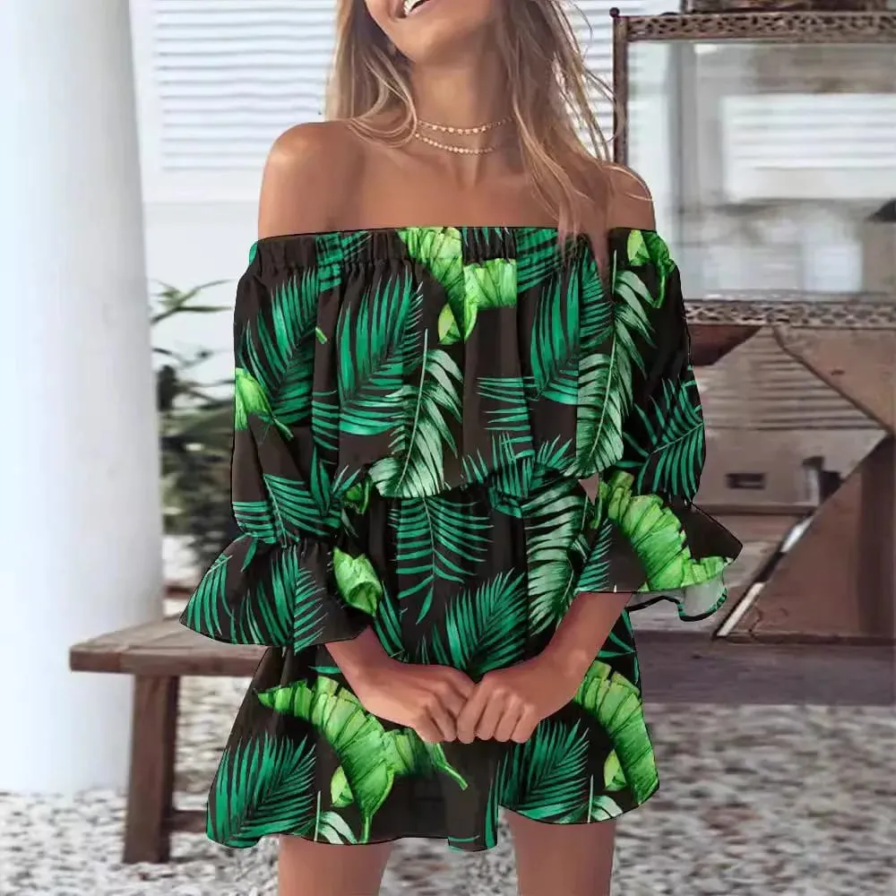 Women Off-Shoulder Ruffled Sleeve Printed Dress with Casual Boho Style for Beach or Vacation Occasions — image 3