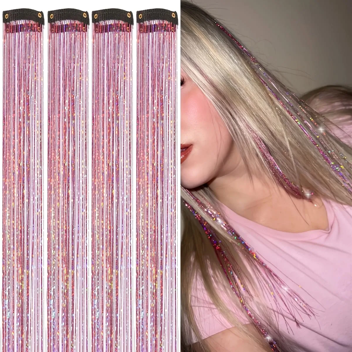 4pcs Clip-In Hair Tinsel Extensions Sparkly Holographic Glitter Hair Strands with Snap Clips Reusable Easy-To-Wear Hair — image 2