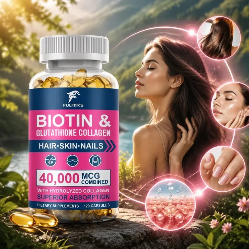 Biotin 40000mcg Combined Capsules with Collagen & Glutathione Promotes Hair Skin Nail Health & Natural Beauty Vitality — image 1