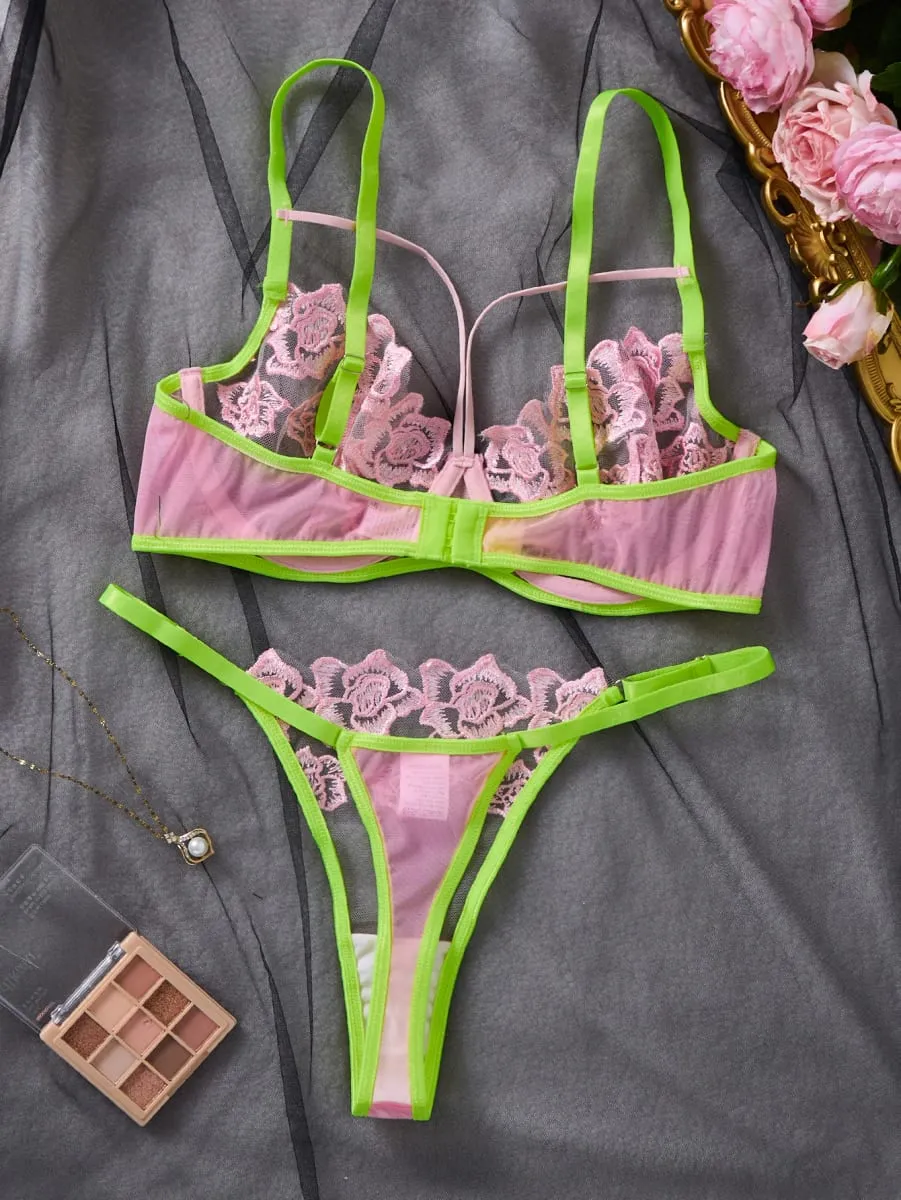 Women Contrast Color Floral Lace Lingerie Set Sheer Mesh Underwire Bra Adjustable Thong Romantic Rose Embroidery ZA826311 — image 2