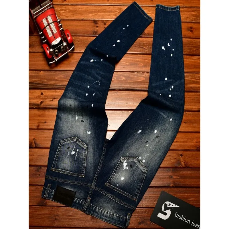 High end nostalgic jeans for men slim fit with small holes patches scraped inkjet street trend elastic retro denim pants — image 5
