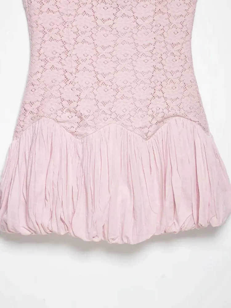 Pink Color Block Lace Spaghetti Strap Mini Dress Women Sweet Deep V Sleeveless Bubble Hem Dresses Lady Daily Dating Casual Gown — image 5