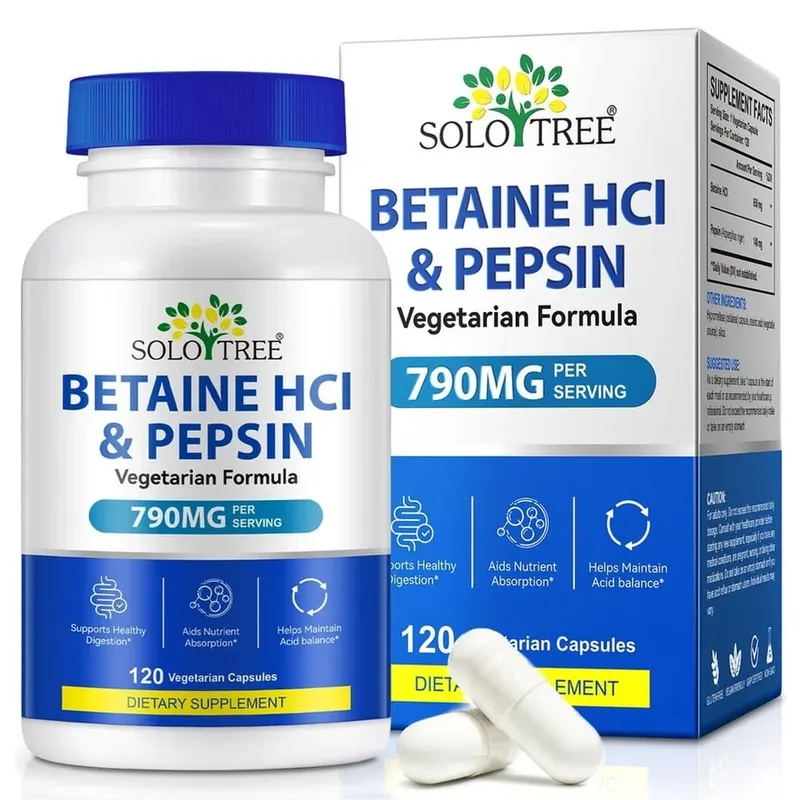 Betaine HCl Pepsin Capsules 790mg Vegetarian For Digestive Acid Balance & Nutrient Absorption Support Adult 120 Count