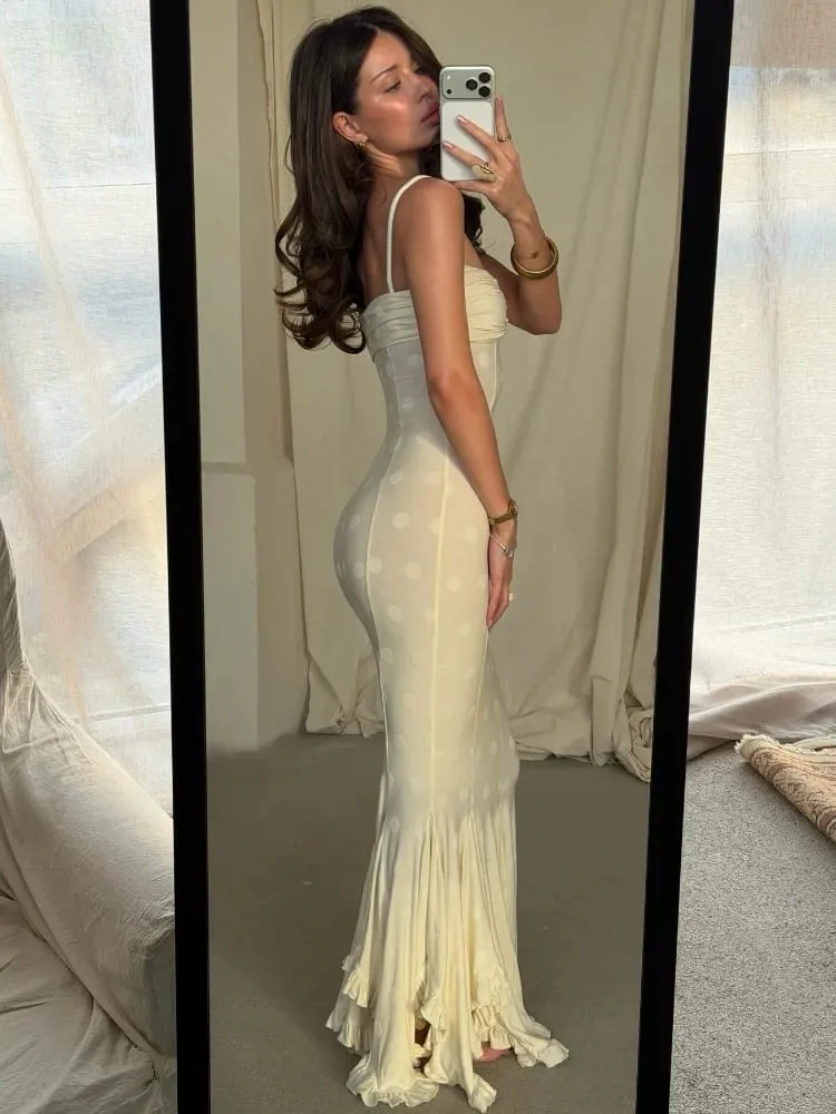 Women's Polka Dot Mermaid Maxi Dress Spaghetti Strap Twist Bust Ruched Bodycon Long Dress Elegant Ruffle Hem Party Club Outfits
