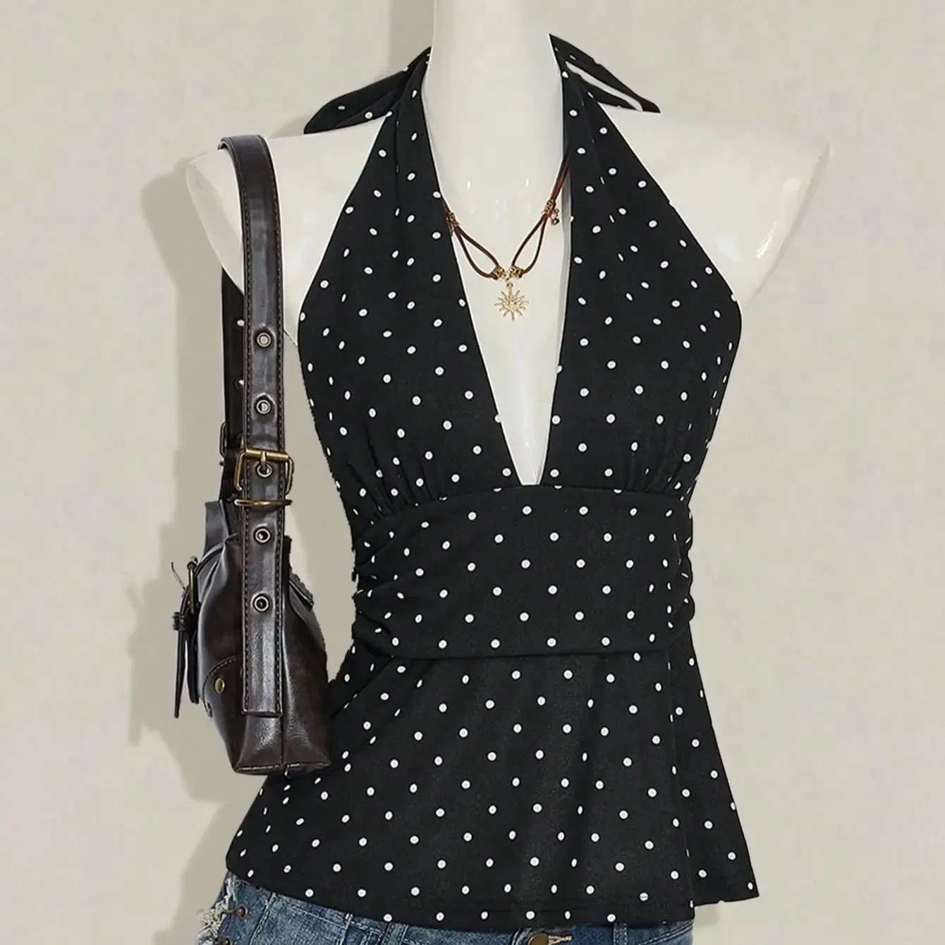 Ladies Polka Dot Backless Strap Top with Waist Pleating Design Adjustable Neck Strap Backless Strap Ladies Shirt