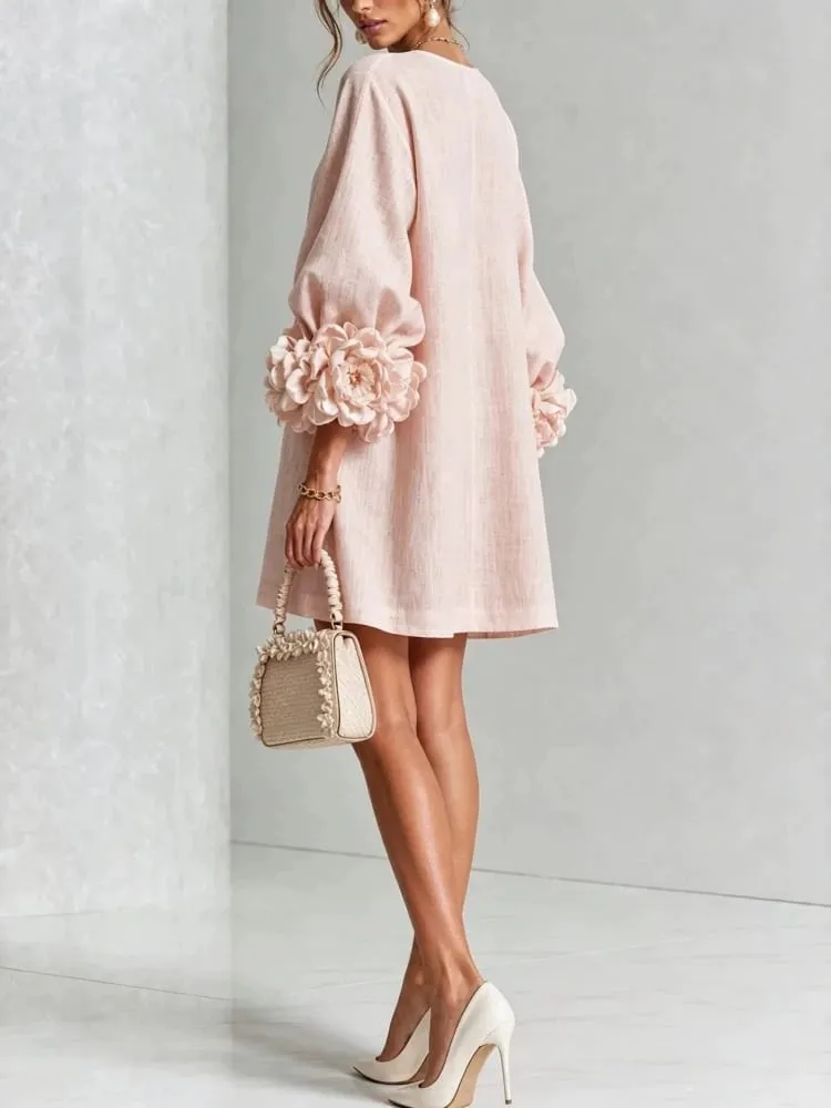 Women Linen Mini Dress O Neck Puff Long Sleeve 3D Flower Cuff Decor Flower Button Loose Casual Short Dresses for Party Vacation — image 3