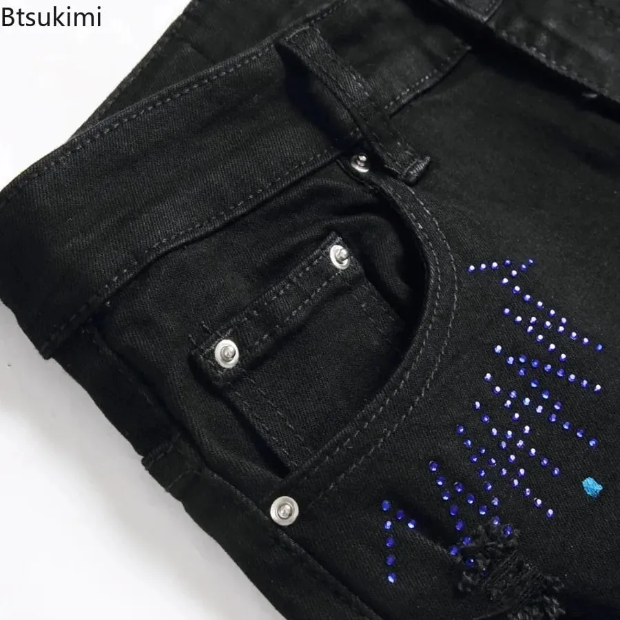 2026 New Men's Fashion Crystal Cross Stretch Denim Jeans Holes Ripped Distressed Black Pants Embroidery Slim Tapered Trousers — image 4