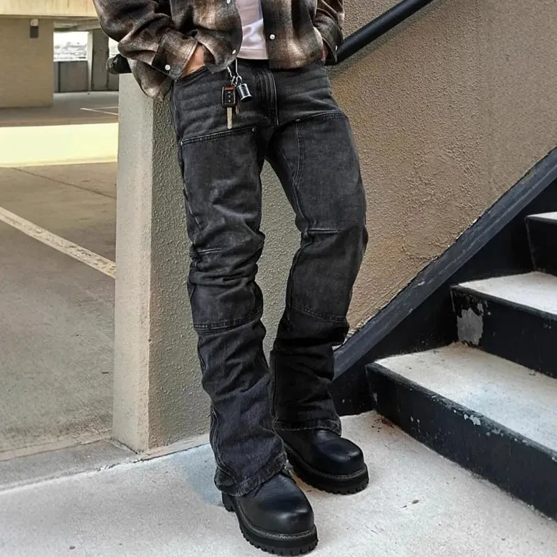 Bootcut Jeans Denim Pant Men Vintage Washed Distressed Mid Waist Slim Fit Trousers Y2k Streetwear Work Casual Splice Summer 2026 — image 2