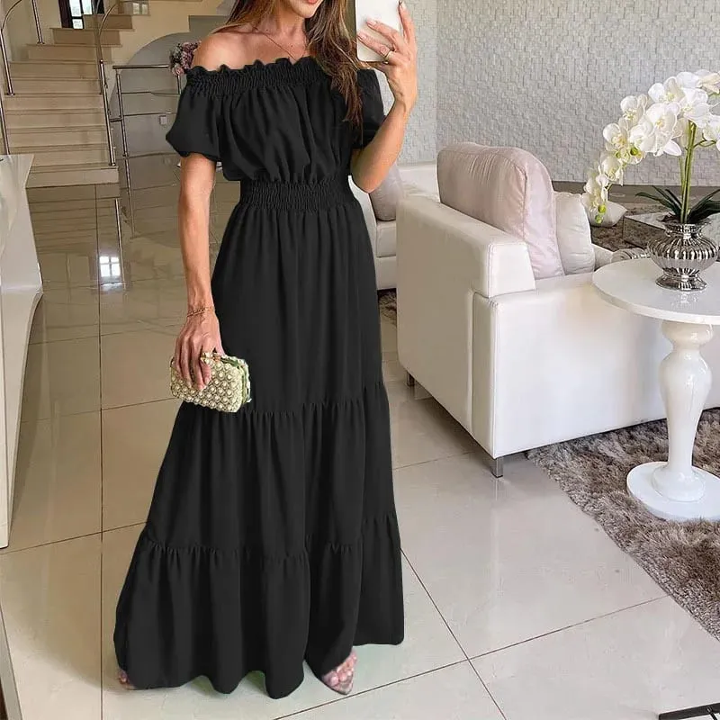 Vestido bohemio liso de verano 2025, vestido elegante a la moda para mujer, vestido de fiesta en la playa informal con cuello oblicuo, vestidos Maxi de oficina para mujer, bata para mujer — image 3