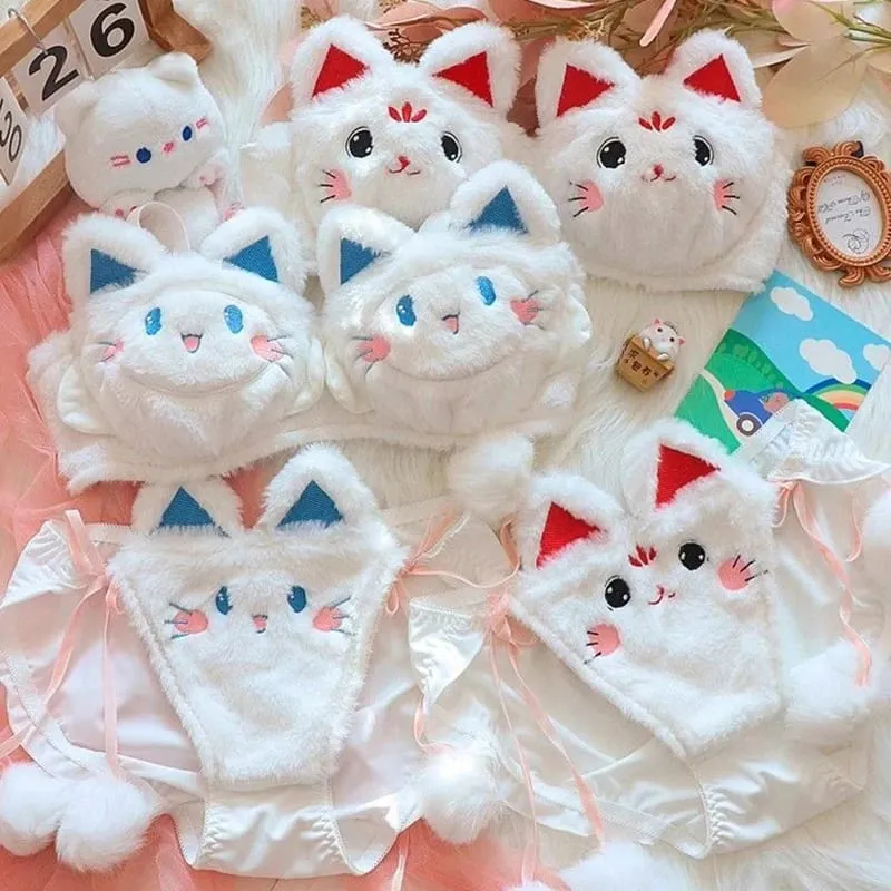 Cute Cartoon Furry Cat Ears Lingerie Bras Underpants Underwear Two Piece Sets Sweet Warm Winter Plush Underwear Set New — image 5