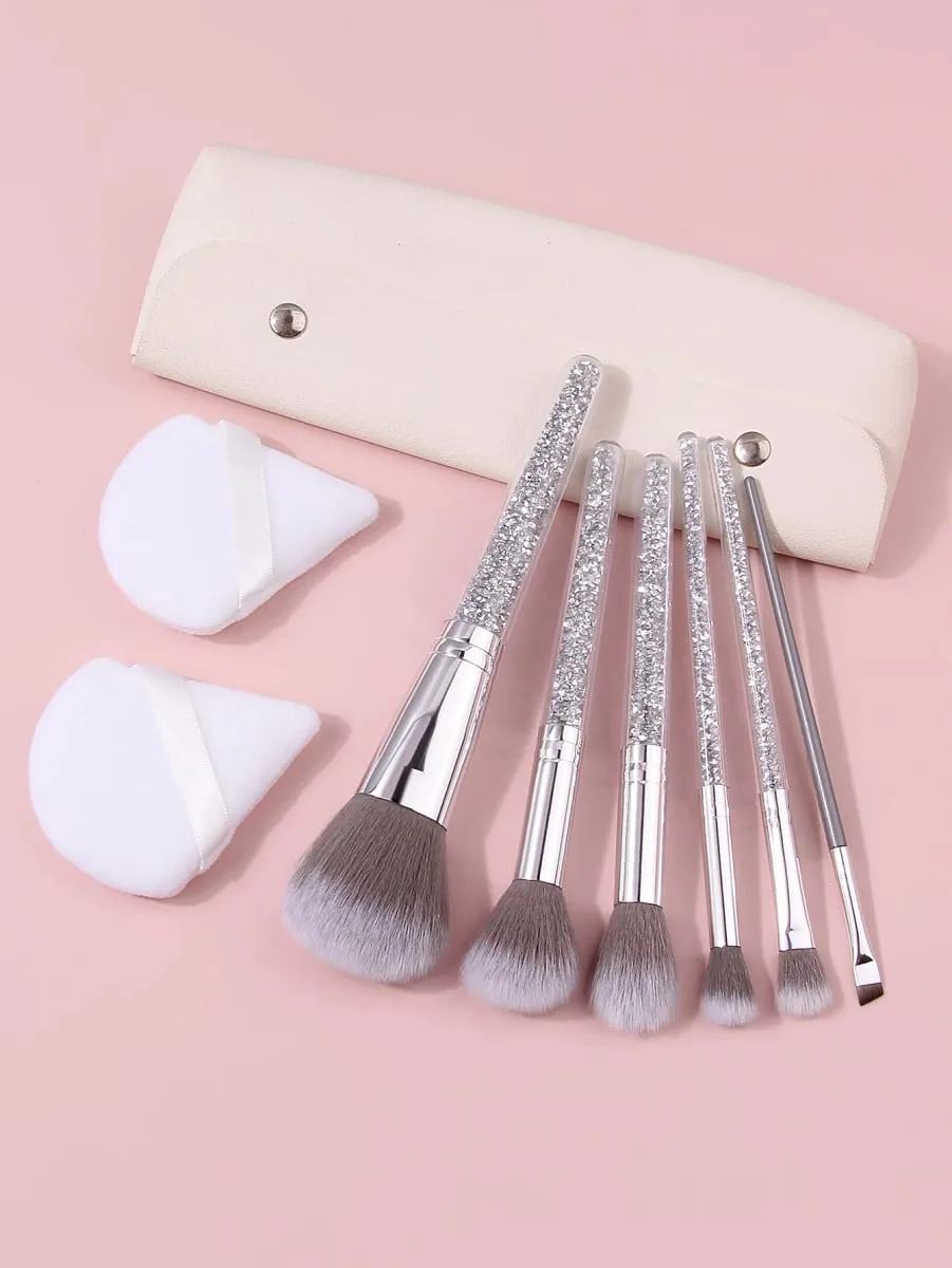 9Pcs Glitter Handle Makeup Brushes Set with Triangle Powder Puff Portable Storage Bag Foundation Blush Eyeshadow Blending Tools