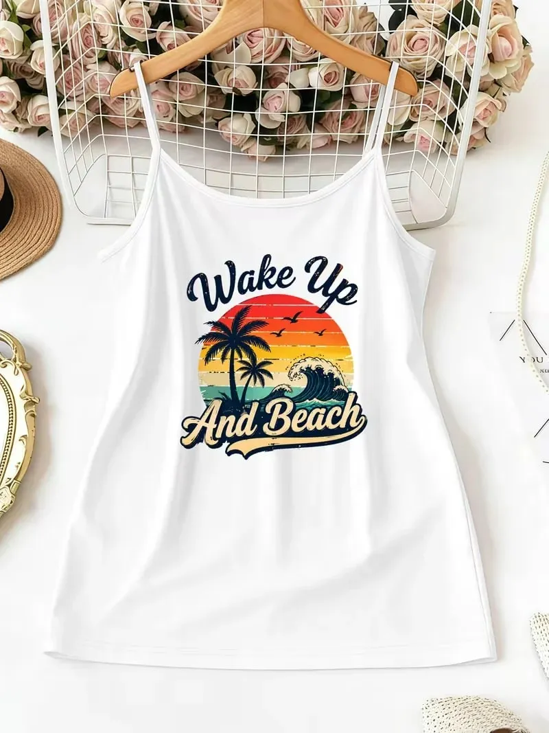 Women Summer Spaghetti Strap Cami Tank Top Beach Flip‑flop Seashell Print Sleeveless Camisole Casual Holiday Y2K Daily Wear Tops
