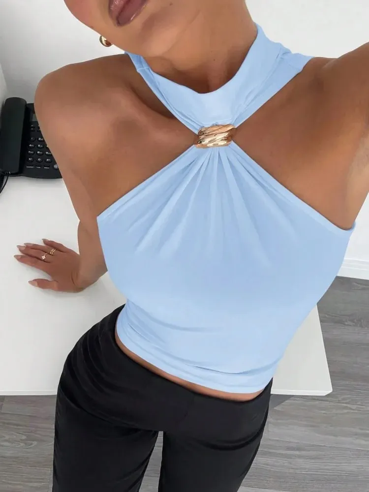 Metal Ring Decor Twist Knot Sleeveless Tank Top for Women Summer Casual Elegant Office Style Halter Neck Slim Fit Crop Top — image 7