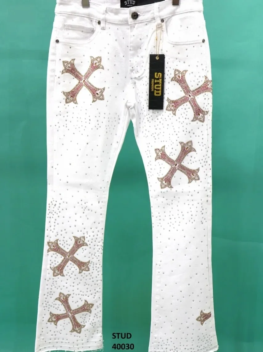 Cross Pattern Design White Flash Fashionable Element Baggy Denim Pants Daily Commute Necessary Minimalism Straight Leg Jeans — image 5