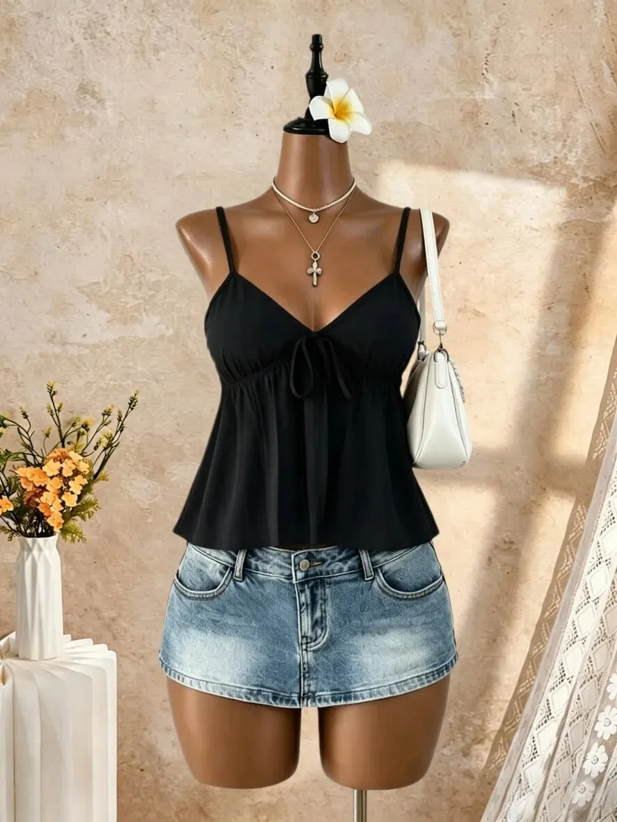 Women V Neck Spaghetti Strap Front Tie Ruched Waist Flared Peplum Cami Top 2026 Summer Y2K Solid Black Casual Beach Vacation Loo — image 2
