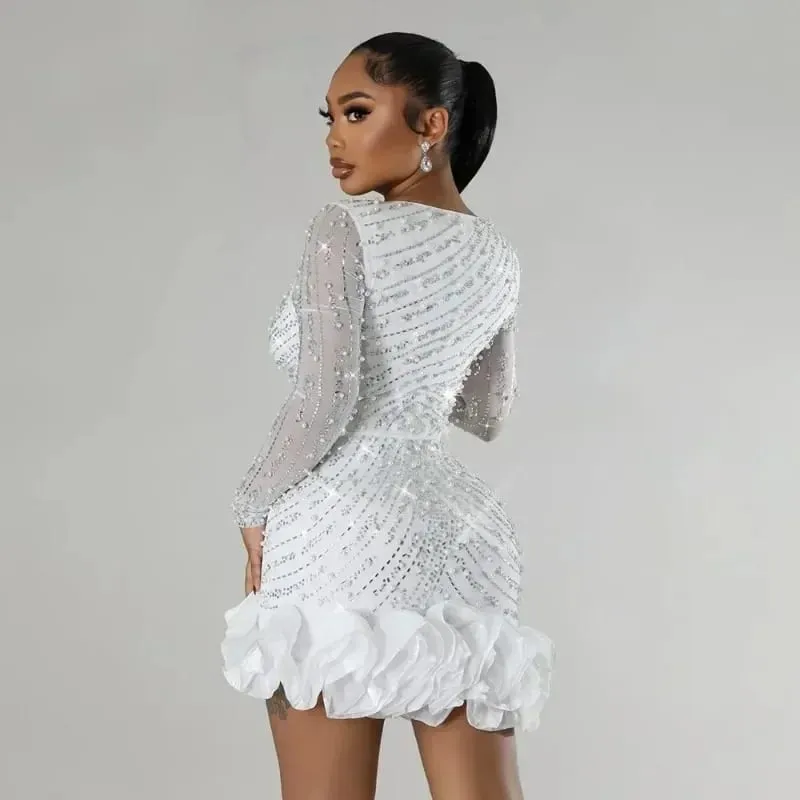 2025 Party Dressesประดับด้วยลูกปัดเพชรแขนยาวRufflesสำหรับผู้หญิงเงาElegantงานแต่งงานชุดโอกาสฉลองวันเกิด