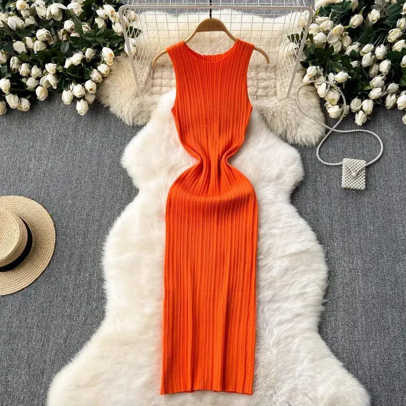 YuooMuoo Chic Fashion Sexy Wrap Hips Knitted Maxi Dress 2026 Spring Summer Ribbed Slim Elastic Sleeveless Tank Dress Lady Vestid