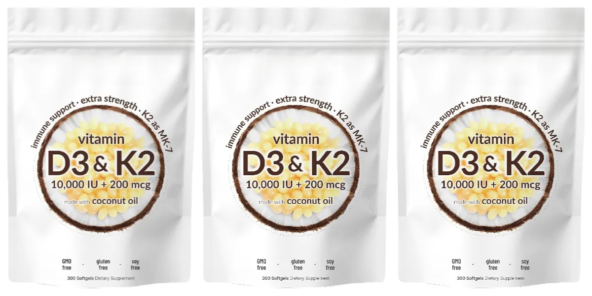 Vitamin D3 K2 Softgels with MK-7 10000 IU Vitamin D3 200mcg K2 Soy Free Gluten Free Daily Nutrition Supplement 300 Softgels — image 9