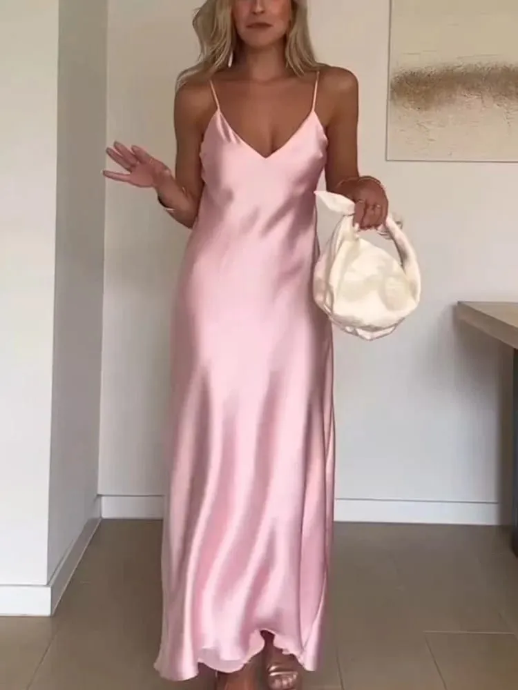 Abiti lunghi da donna in raso rosa con spalle scoperte Moda senza maniche Backless Aderente Scava fuori abiti Abiti da sera femminili per feste 2025