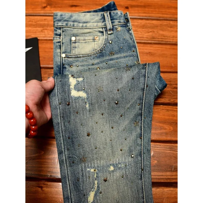 Fashionable light luxury jeans with men's patch design trendy retro elastic ripped pants — image 3