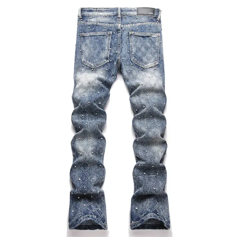 Men's Y2K Hip-hop Jeans American Retro Washed Blue Denim Pants Diamond Pattern Rivets Streetwear Slim Fit Party Male Trousers — image 2