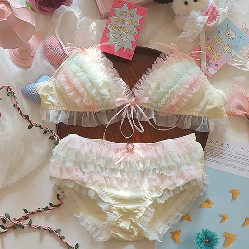 Japanese Lolita Princess Lingerie Women Pure Desire Cake Layer Lace Mesh Cotton Crotch Party Bra Panty Set Cute Comfortable Soft — image 2