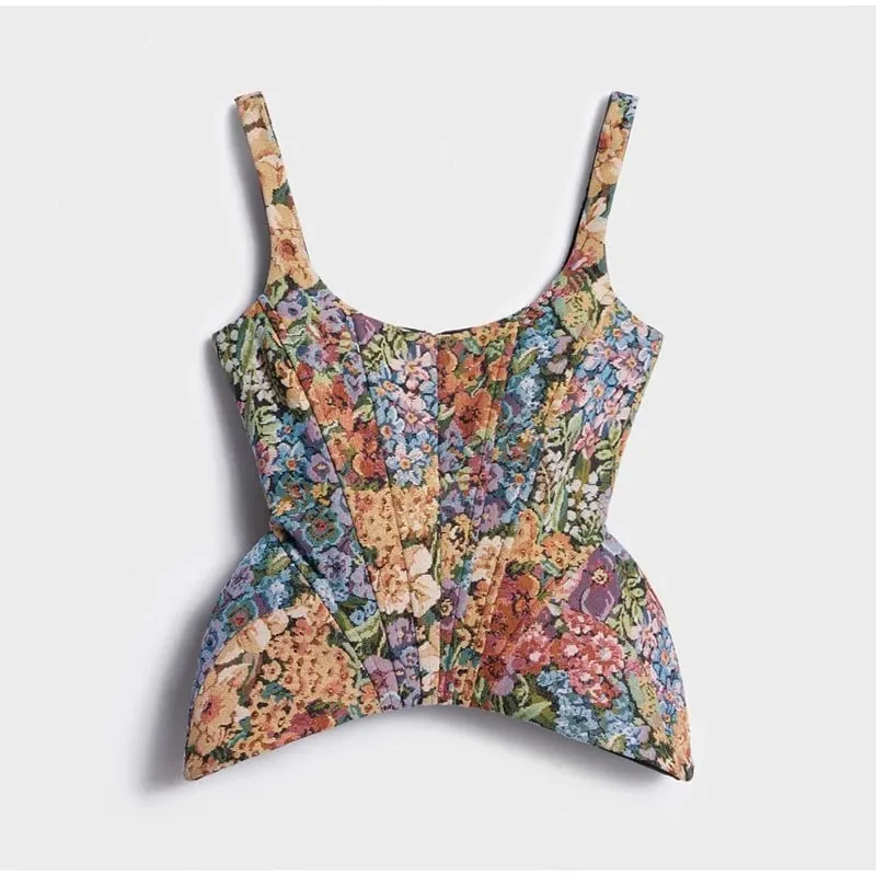 Floral Print Cami Corset Top Thin Straps U Neck Structured Waist Pointed Hem Vintage 2026 Spring Summer Vacation Lady Chic Top