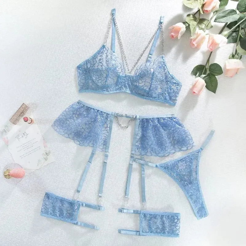 Bra + Panties + Garter + Hemline New Lace Transparent Push Up Lingerie Sets For Women Sexy Sleep Hollow Out Chain Underwear — image 3