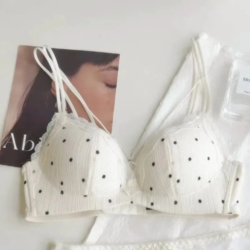 Japanese Polka Dot Underwear Set For Women Cross Back Push Up Bra Lift Support Anti Sagging Cute Fashion Petite Bust Elegance