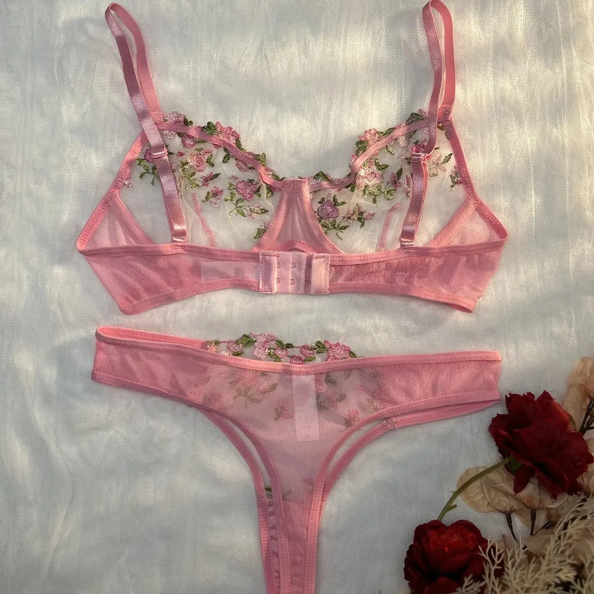 Pink Lingerie Woman Lace Underwear Fairy Embroidery Brief Sets Bra Panties Kits Breves Sets — image 2