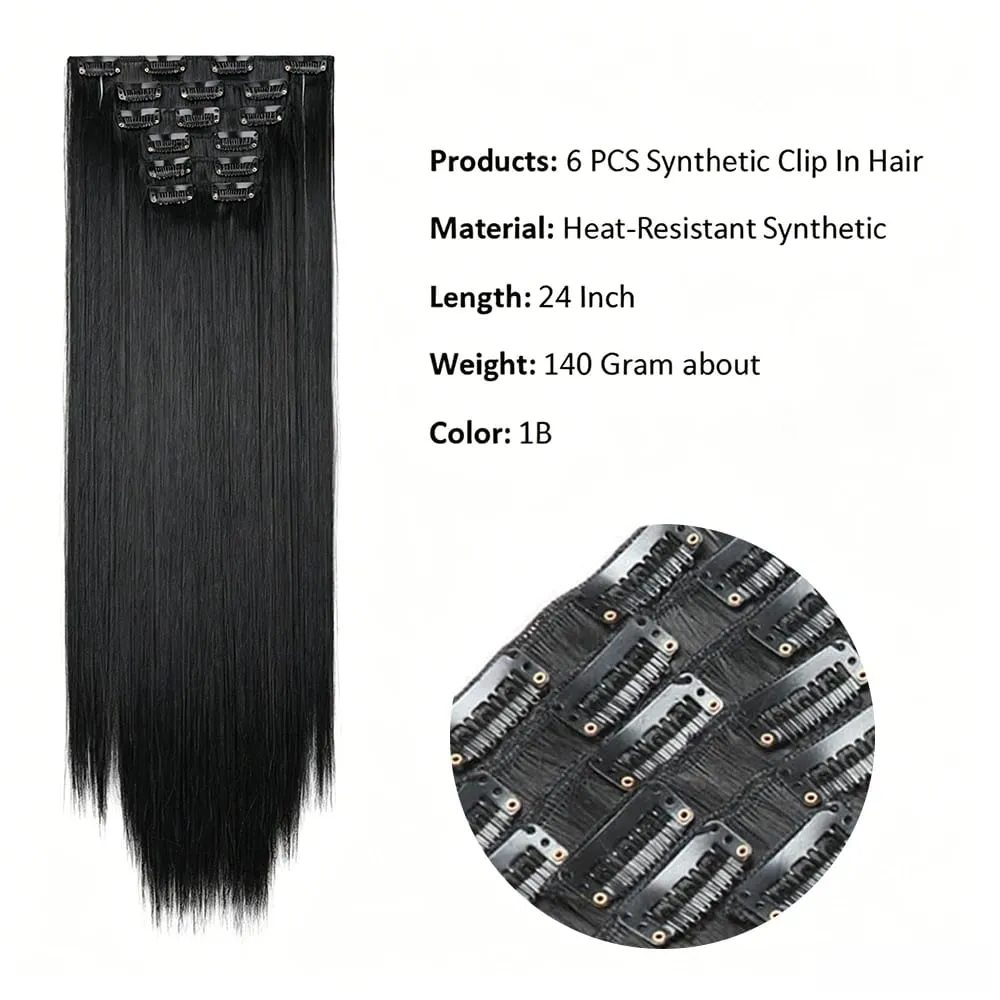 24 Inch 6PCS Clip In Hair Extensions Straight Synthetic Hair Extensions Dark Brown Long Natural Looking Hair Piece for Women