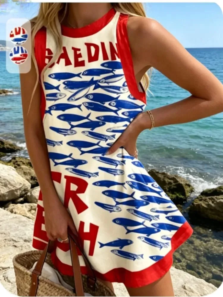 Summer New Print Dress Women's Fashion Elegant Casual O Neck Sleeveless Holiday Beach Party Shirt Dresses For Women Robe Femme — image 1