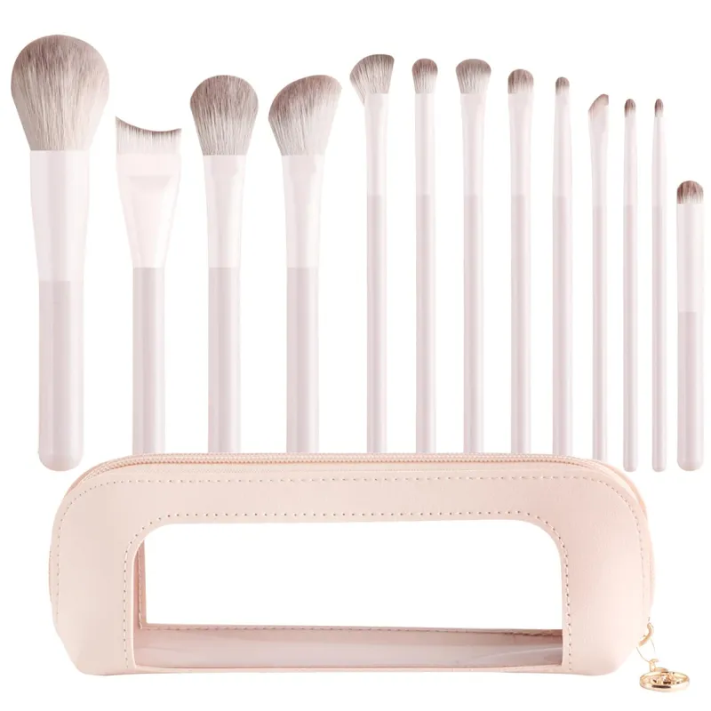 13Pcs Soft Bristle Beige Makeup Brushes with Large Round Powder Brush Detail Eyeshadow Brush Nose Shadow Brush + Storage Bag S