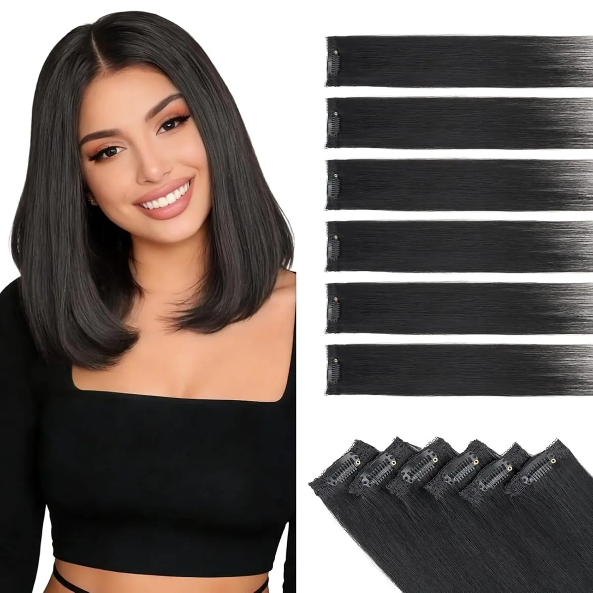 6PCS 6 Clips In Synthetic Hair Extensions Black Color Dark Blonde Short Straight Highlights Hairpin Hairpiece For Women