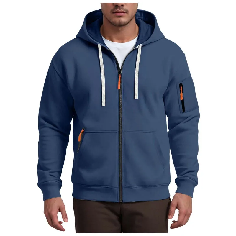 Men's Hoodies Solid Color Loose Zip Up Jacket Arm Zipper Pocket Hoodies Sand Hoodie Men — image 15