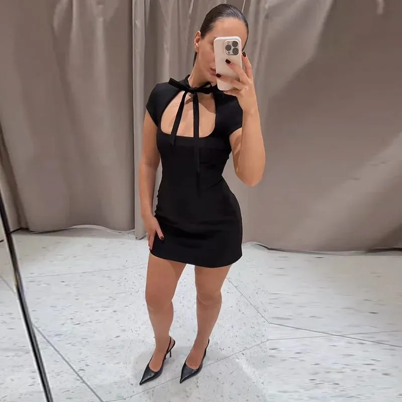 Sexy Polk Dot Women's Dress Club Lace Up Hollow Out Short Sleeve Hip Package Female Mini Dresses 2026 Spring Summer Lady Robe — image 8