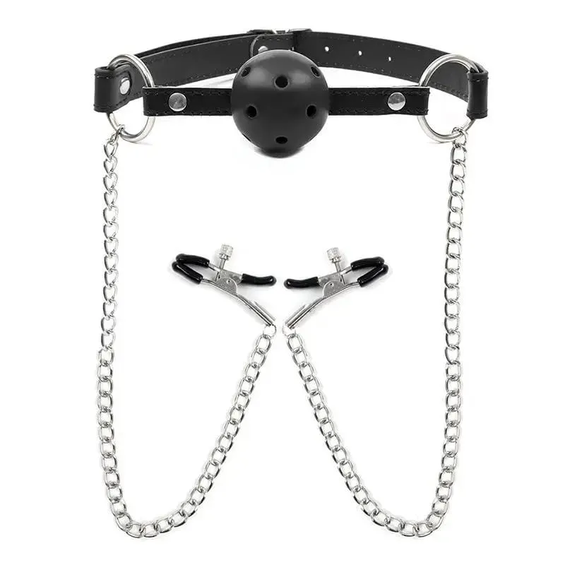 New Erotic Toy PU Leather Mouth Gag Ball Oral Sex With Chain Clip Breast Nipple Clamps Bondage Harness Sex Toys Adult Games — image 3