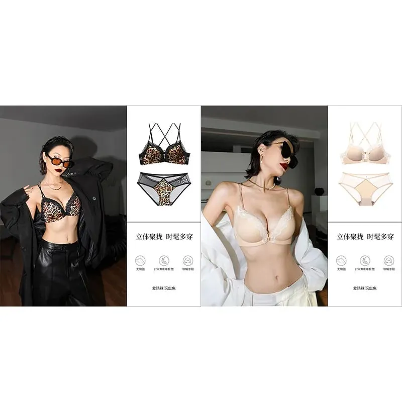 Victoria Style MOYISU Pink Leopard Wireless Bra Set Front Hook Design Push Up Bralette Sexy Back Lingerie To Boost Small Bust