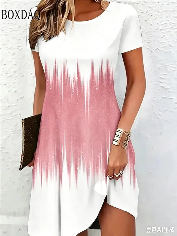 New Women's Summer Dresses Loose Short Sleeve Round Neck Gradient Pattern Printed Casual Party Dress — image 8
